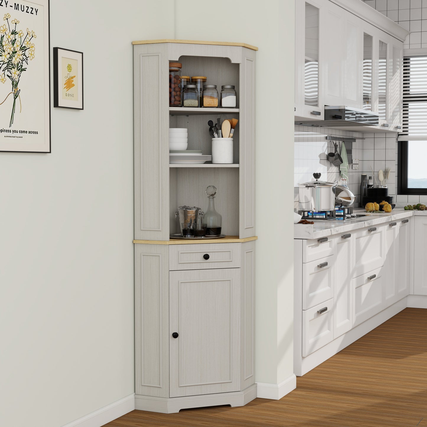 68" Tall Corner Cabinet with Door, Drawer, and Adjustable Shelf