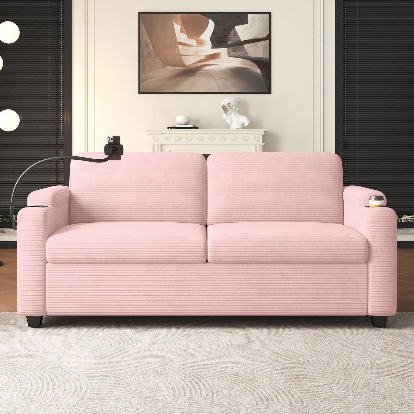 Sleeper Sofa Loveseat Sofa With Full Size Mattress, 2 USB Ports, 2 Cup Holders, 2 Side Pockets And Phone Holder