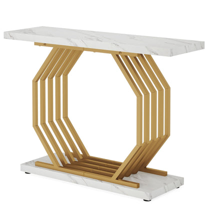 Accent Entryway Console Table With Geometric Bas For Living Hallway - White / Gold