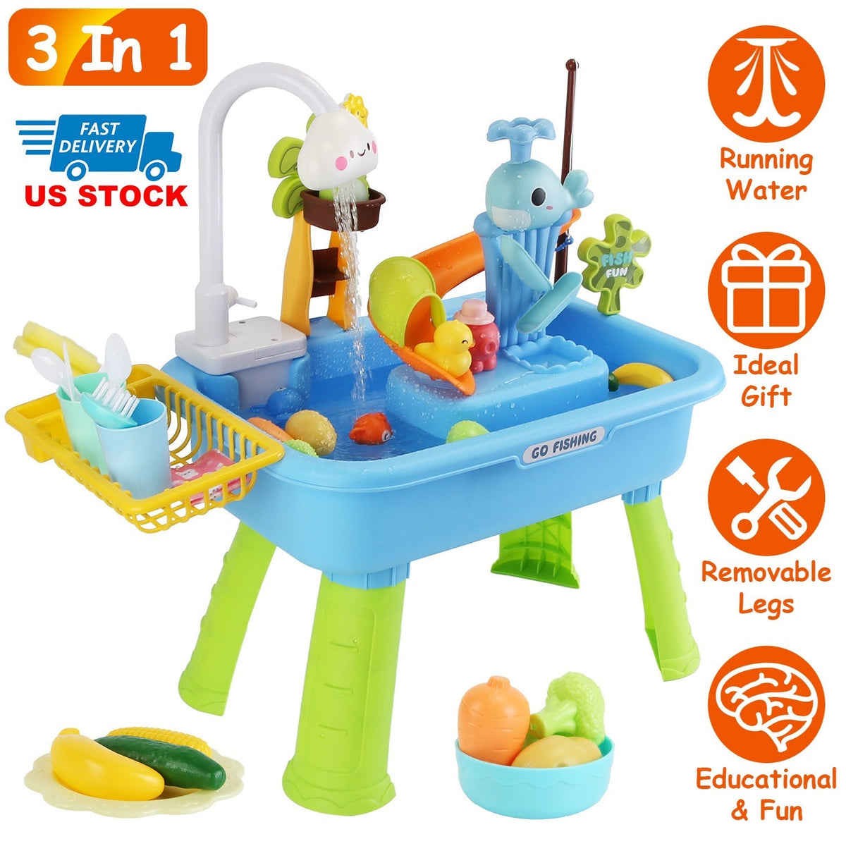 3 In 1 Kitchen Sink Toy with Electric Faucet Water Table Fishing Game Role Play Sink Set Indoor Outdoor for Kids Aged 3+ Years Old