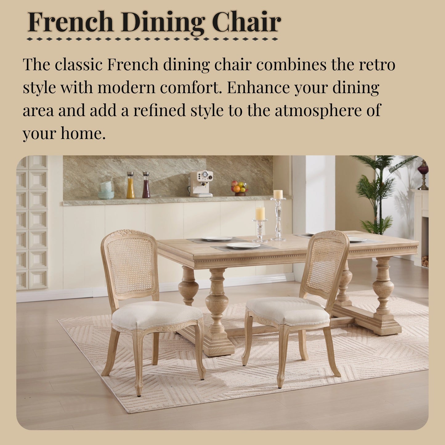 French Country Dining Chairs Set of 2, Upholstered with Rattan Fan-shaped Back