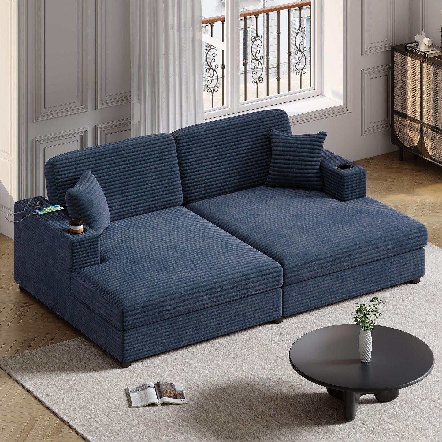 Oversized Loveseat Chaise With 2 USB Ports, 2 Cup Holders And 2 Throw Pillows