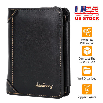 MenÕs Leather Wallet ID Card Holder Purse Trifold Clutch Money Zipper with ID Window_x000B__x000B_14 Credit Card 1 ID Card