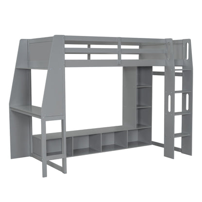 Gaming Loft Bed With Desk, Multi Storage Shelves, LED Lighting, And Hanging Clothes Rack