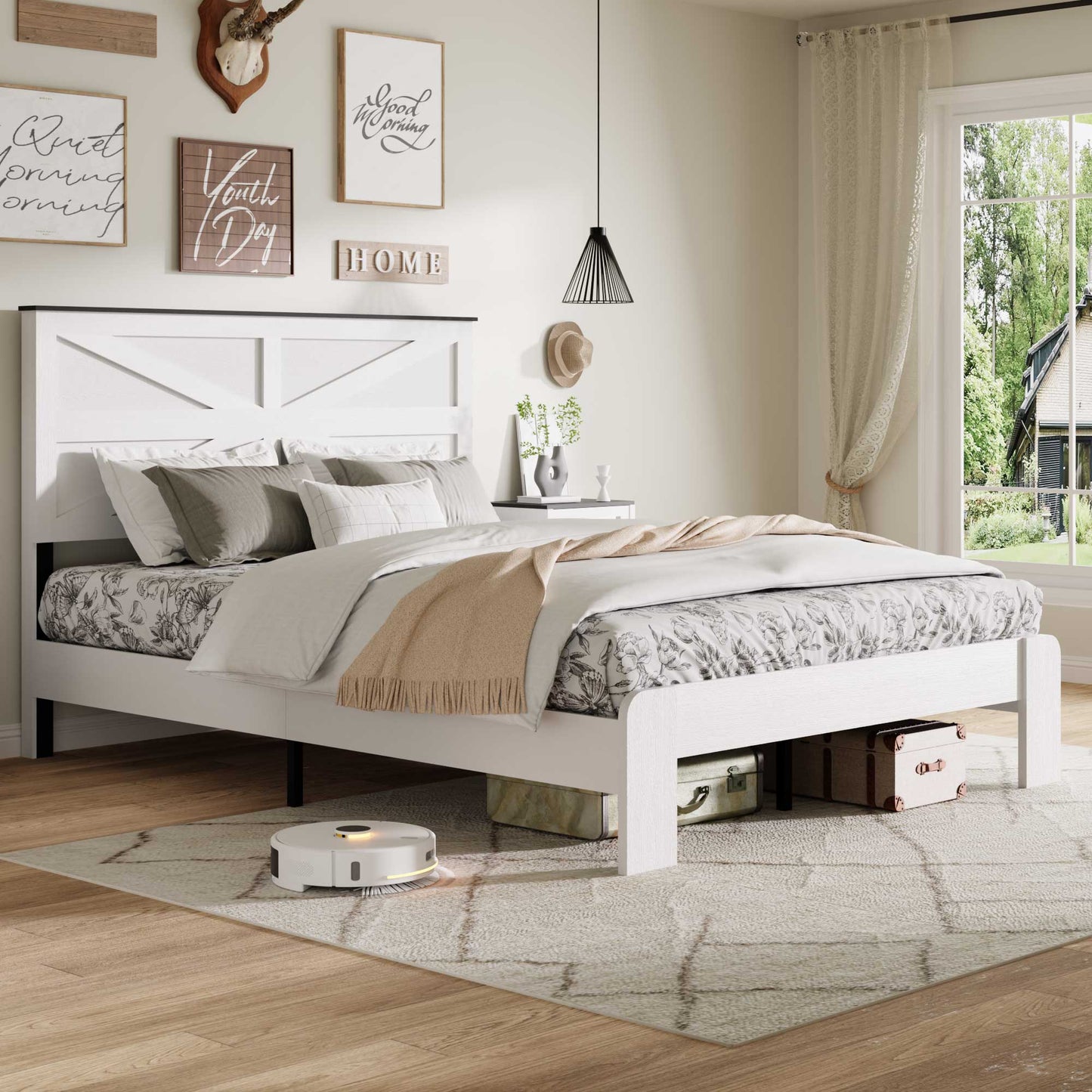 King Wood Platform Bed Frame with Headboard and Storage