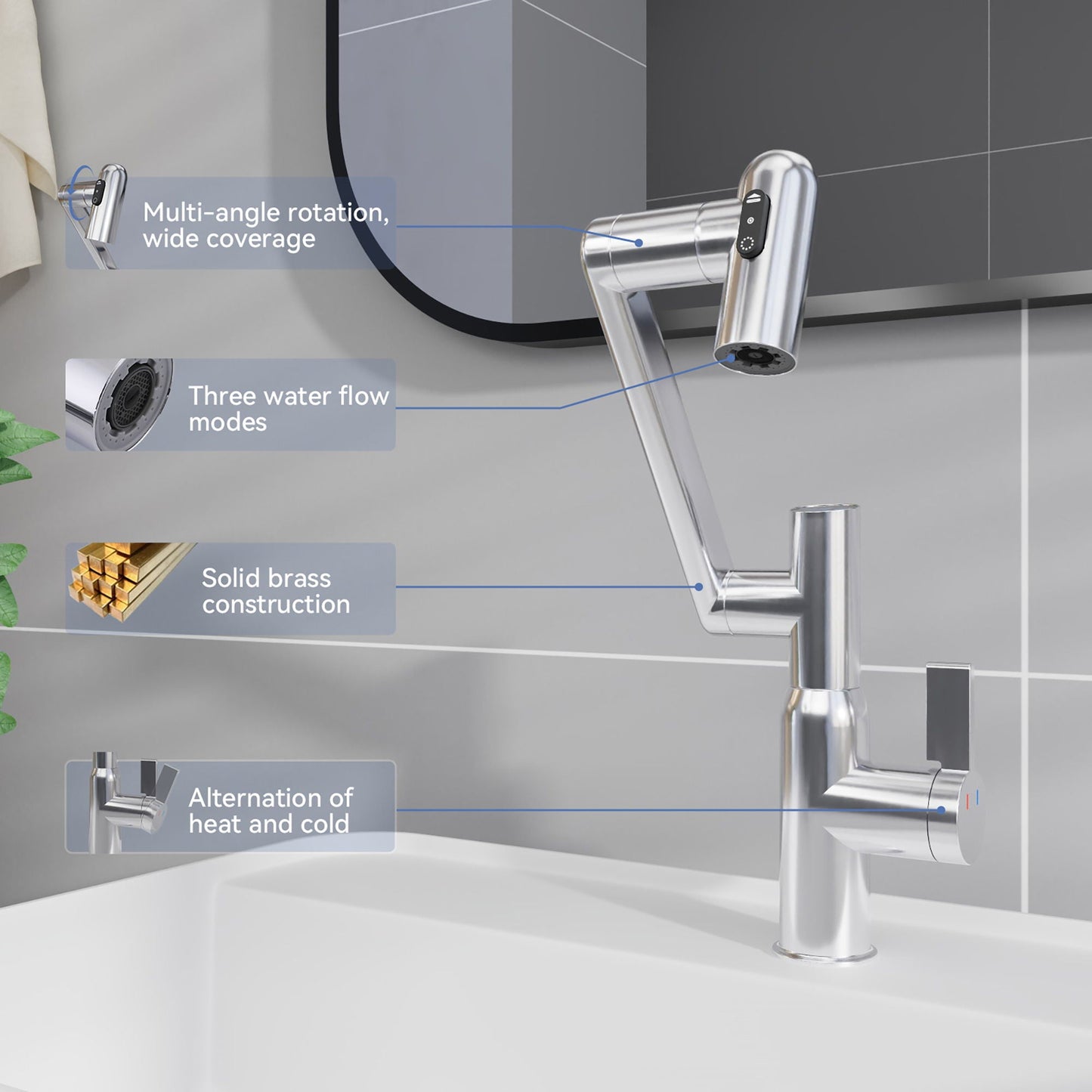 Bathroom Sink Faucet With Spray Function And Temperature Display, Anti Skid Switch, 360 Degree Rotary