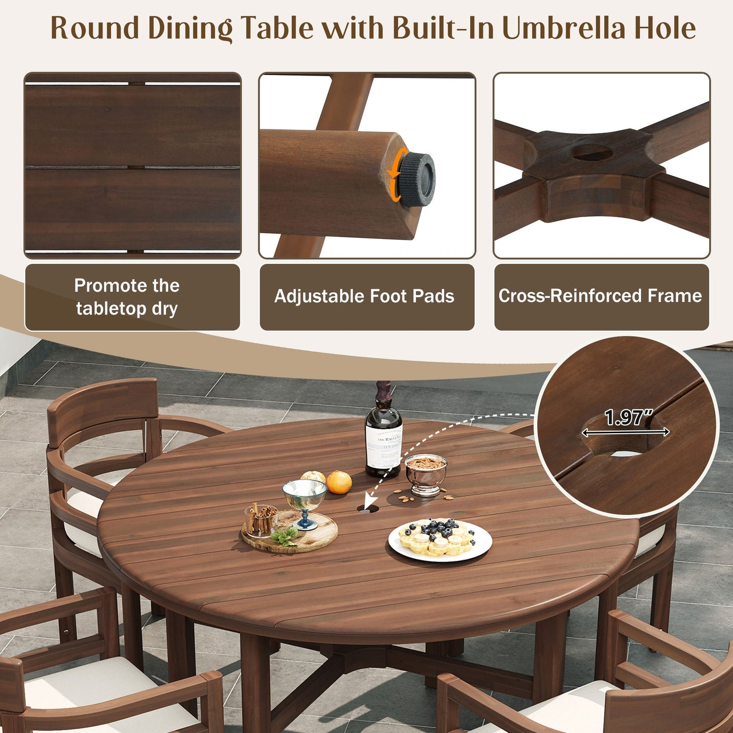 5 Piece Round Patio Table & Cushioned Armrest Chairs, Outdoor Dining Set With Umbrella Hole