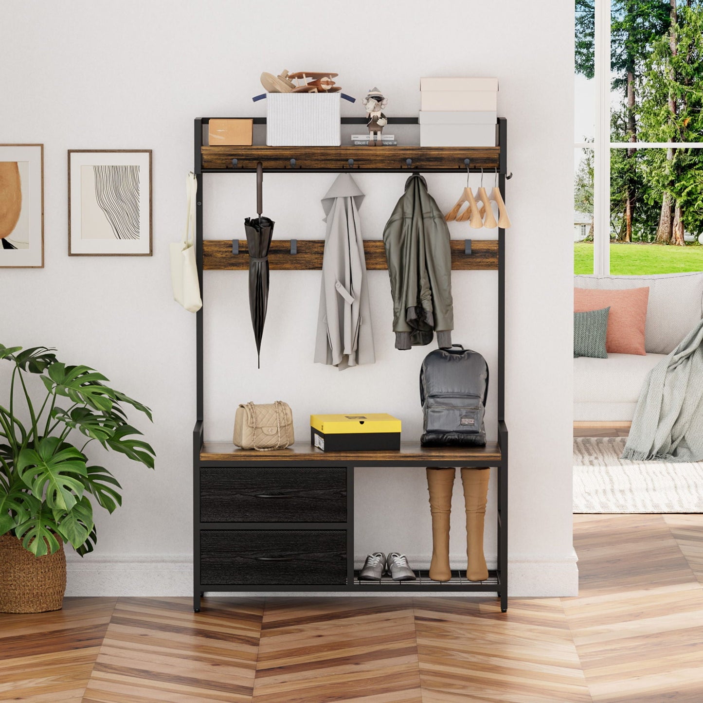Hall Tree With 2 Movable Drawers, Shoe Storage, Shelves, Garment Racks, And 23 Hooks For Entryway - Rustic Brown
