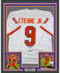 Framed Autographed/Signed Travis Etienne Jr. 35x39 Clemson White College Football Jersey Beckett BAS COA