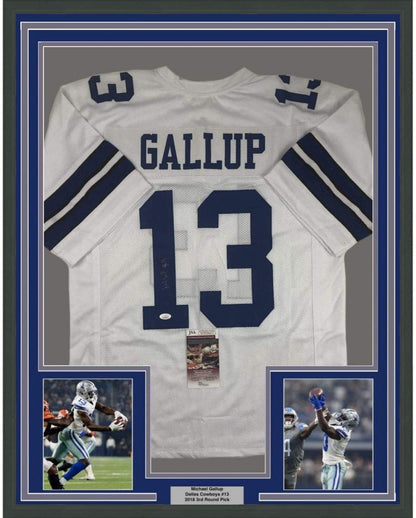 Framed Autographed/Signed Michael Gallup 35x39 Dallas White Football Jersey JSA COA