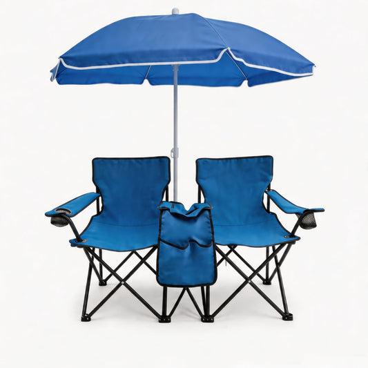 Portable Double Folding Beach Chair Set with Umbrella