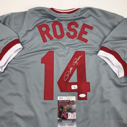 Autographed/Signed Pete Rose Cincinnati Grey Baseball Jersey JSA COA