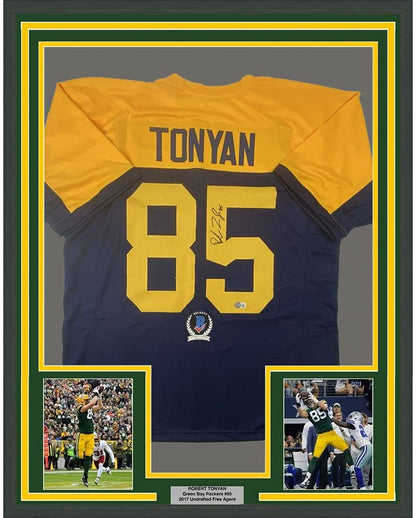 Framed Autographed/Signed Robert Tonyan 35x39 Green Bay Retro Blue Football Jersey Beckett BAS COA