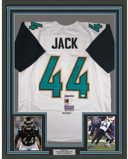 Framed Autographed/Signed Myles Jack 35x39 Jacksonville Retro White Football Jersey JSA COA
