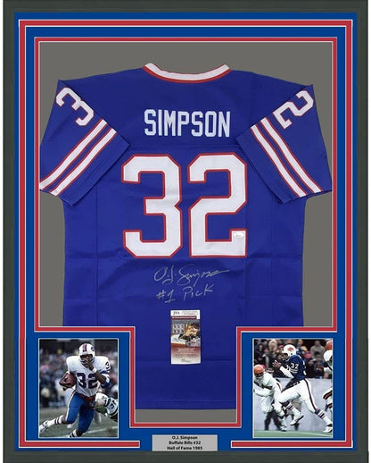 Framed Autographed/Signed OJ O.J. Simpson 35x39#1 Pick Buffalo Blue Football Jersey JSA COA