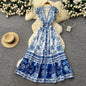 Blue Willow V-Neck Sleeveless Dress – Summer A-Line Maxi, Elegant Mandarin-Inspired Print