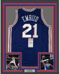 Framed Autographed/Signed Joel Embiid 35x39 Philadelphia Blue Basketball Jersey JSA COA
