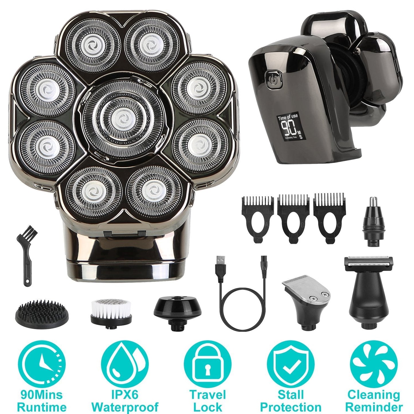 6 In 1 9D Electric Head Shaver for Men Cordless Rechargeable Wet Dry Razor with LED Display Travel Lock Stall Protection Cleaning Reminder
