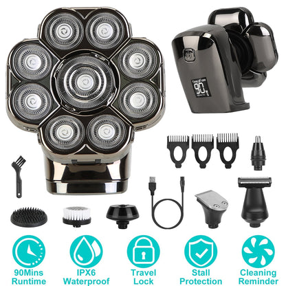 6 In 1 9D Electric Head Shaver for Men Cordless Rechargeable Wet Dry Razor with LED Display Travel Lock Stall Protection Cleaning Reminder
