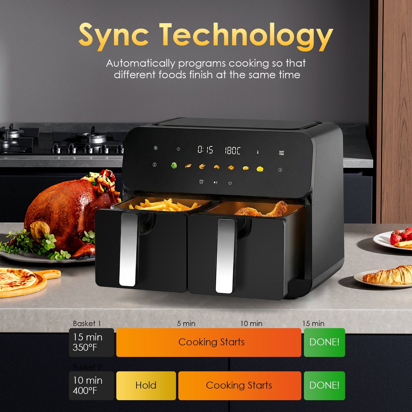 10QT Dual Air Fryer with 2 × 5QT Double Basket and SyncCook