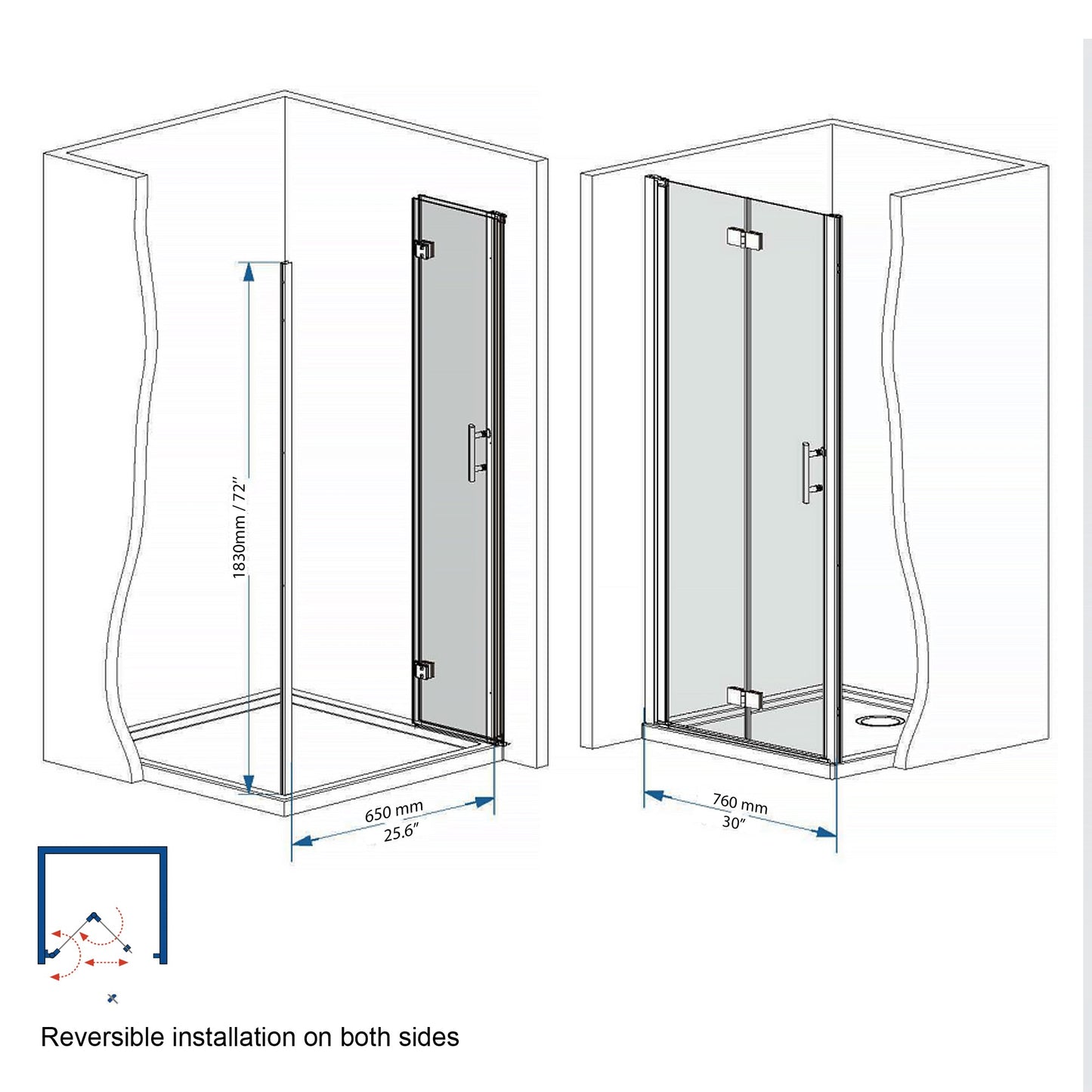 31-30"x 72" Bifold Shower Door, 1/4" (6mm) Tempered Glass