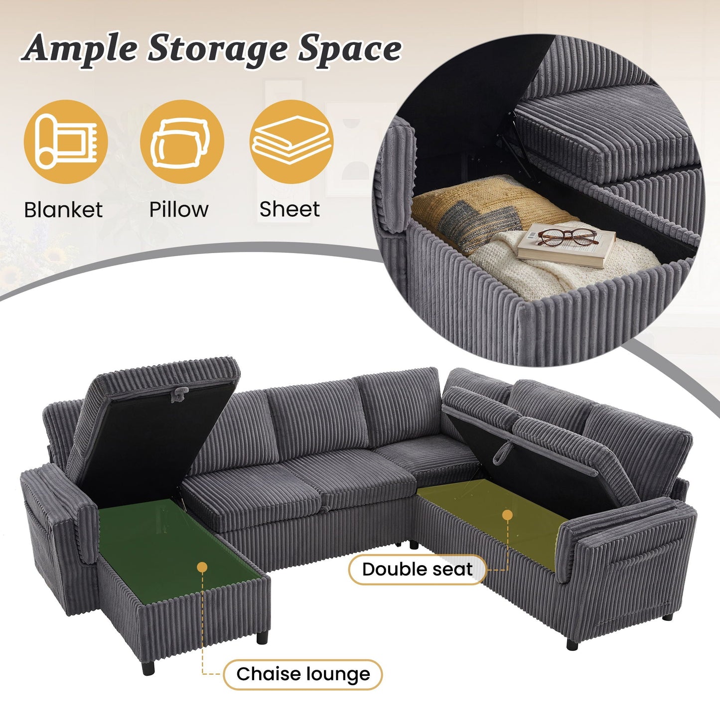 Convertible U-Shaped Sectional Sofa Bed With USB Ports And Storage