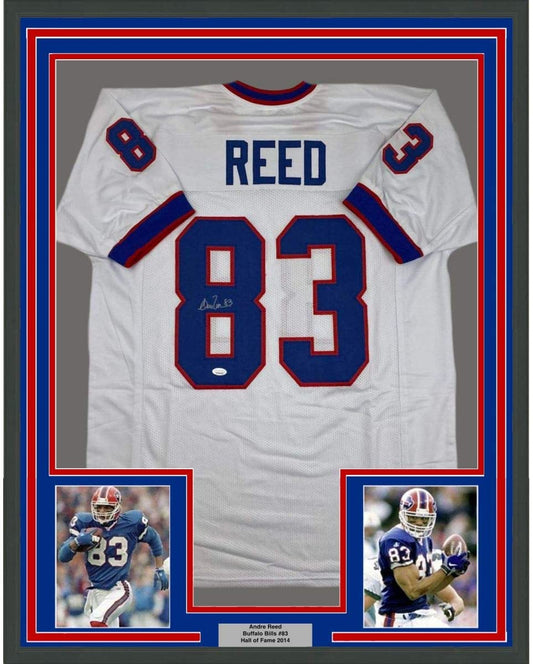 Framed Autographed/Signed Andre Reed 35x39 Buffalo White Football Jersey JSA COA