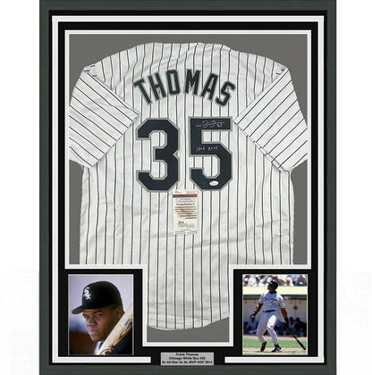 Framed Autographed/Signed Frank Thomas HOF 2014 35x39 Chicago Pinstripe Baseball Jersey JSA COA