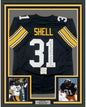 Framed Autographed/Signed Donnie Shell 35x39 HOF 2002 Pittsburgh Black Football Jersey Schwartz Sports COA