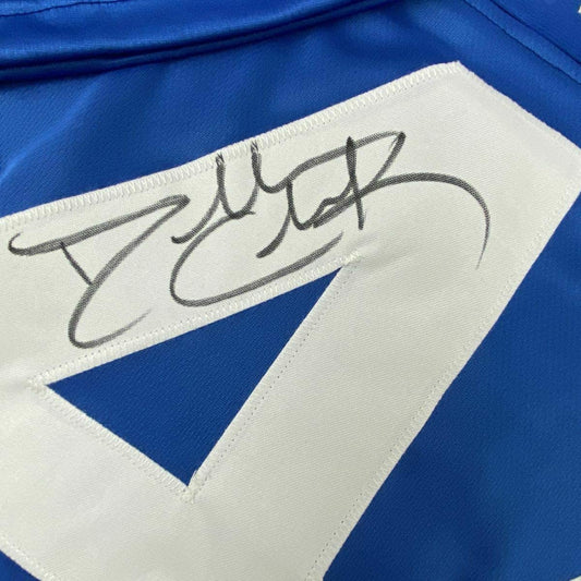Framed Autographed/Signed Dallas Clark 35x39 Indianapolis Blue Football Jersey JSA COA