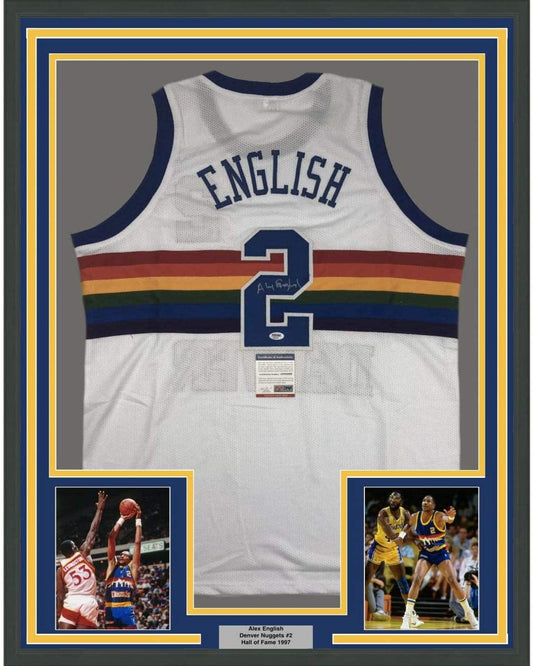 Framed Autographed/Signed Alex English 35x39 Denver White Basketball Jersey PSA/DNA COA