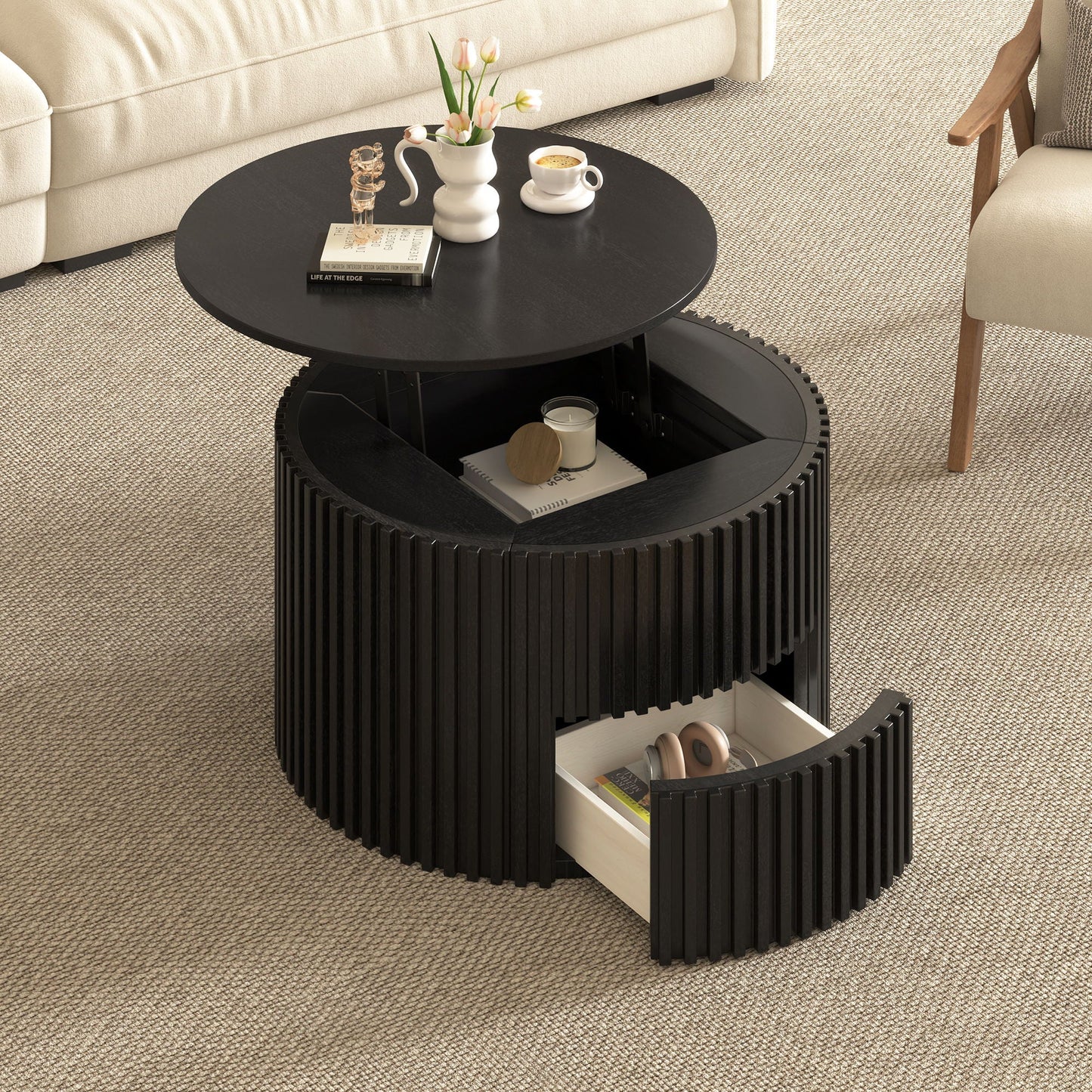 Round Lift Top Coffee Table With Hidden Storage For Living Room