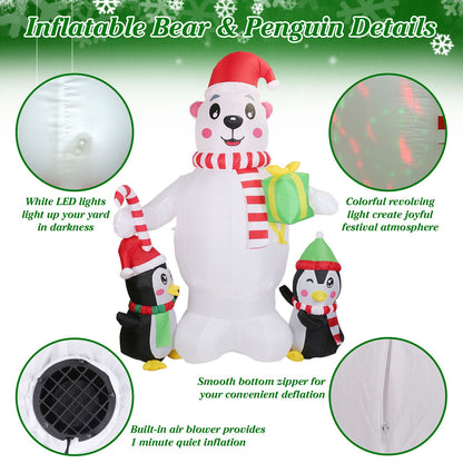 5.9FT Christmas Inflatable Outdoor Decoration Polar Bear Gift Box Penguin Blow Up Yard Decoration with LED Light Built-in Air Blower for Winter Holida