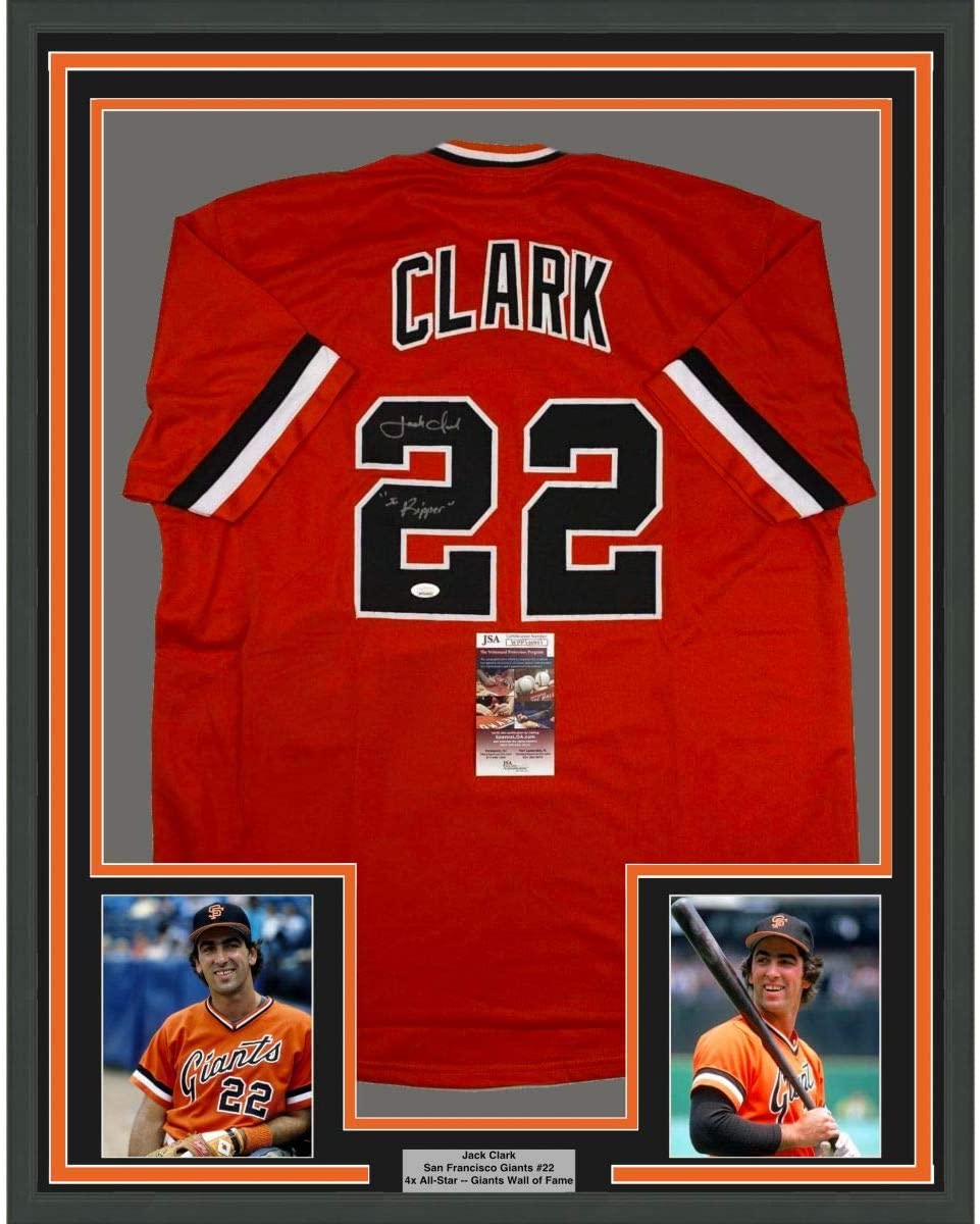 Framed Autographed/Signed Jack Clark The Ripper 35x39 San Francisco Orange Baseball Jersey JSA COA