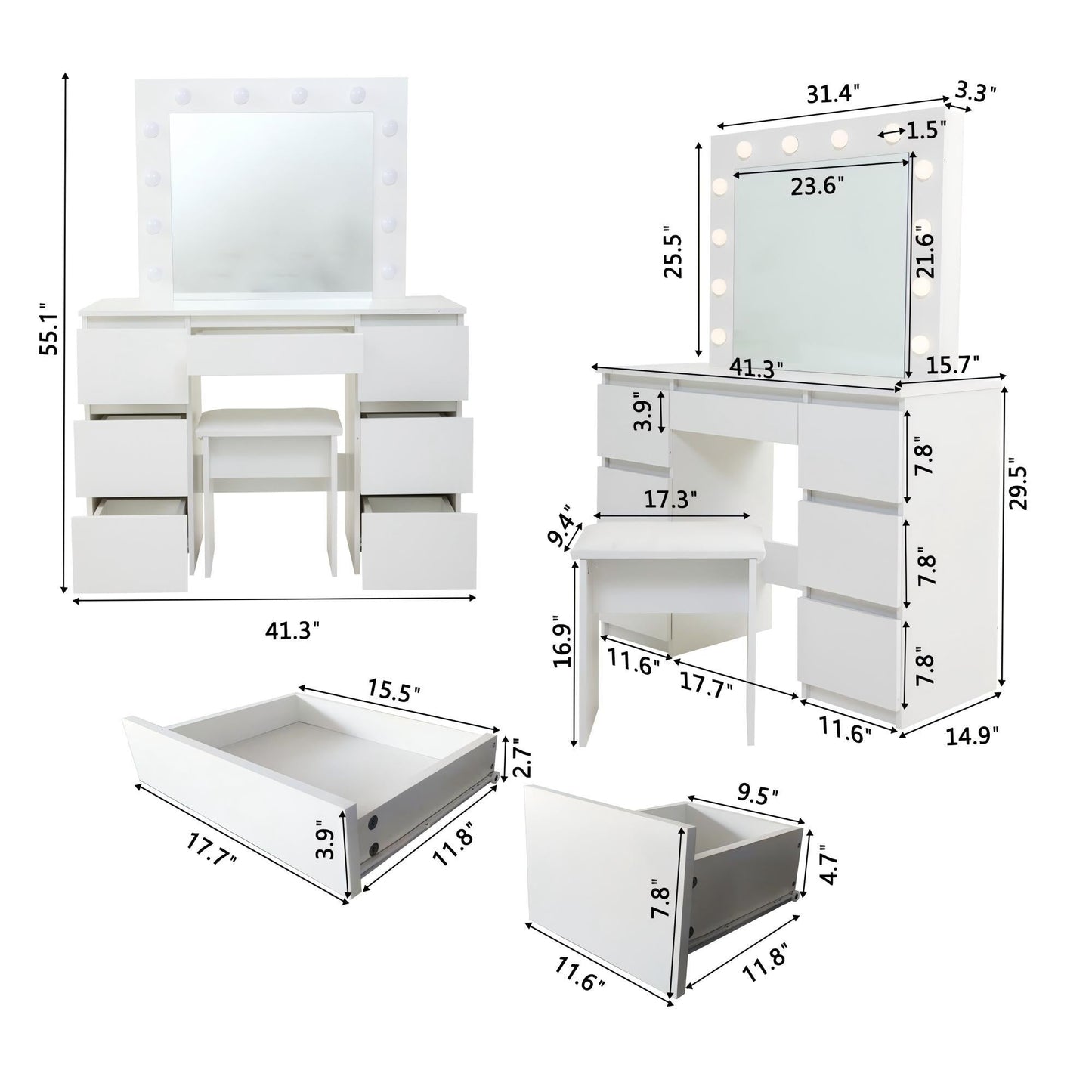 Large Vanity Tables With Mirror And Light - Matte White
