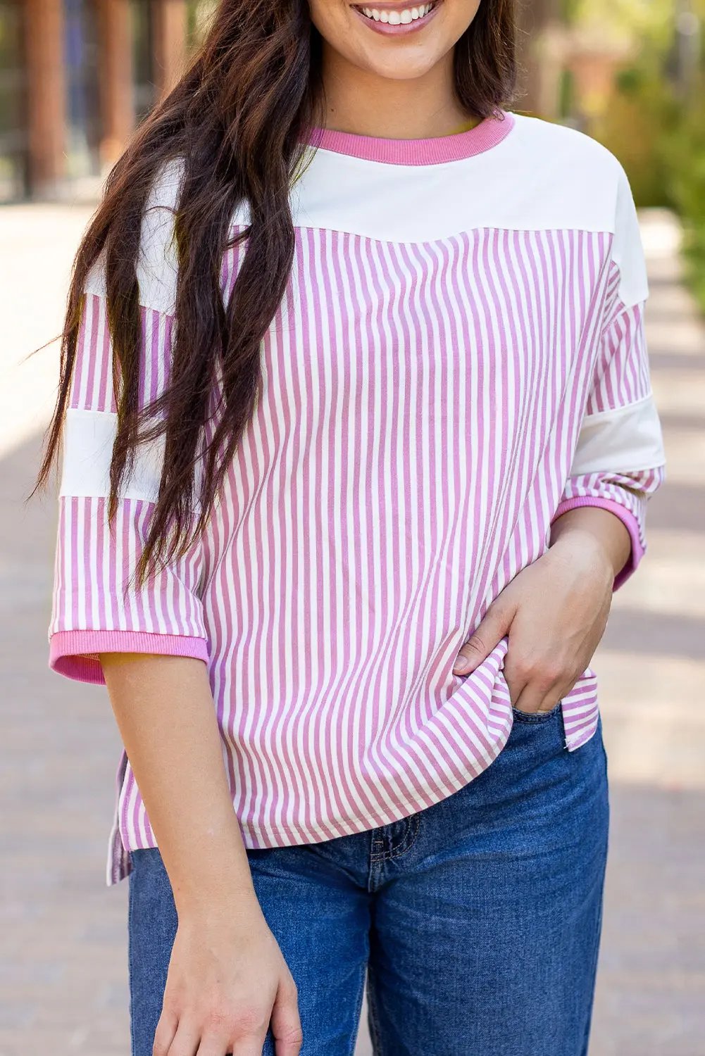 Women's Tee Shirt Women's Tee - Striped Patchwork - Casual Spring