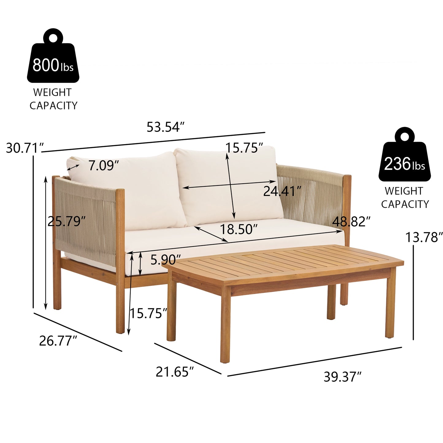 Outdoor Loveseat and Coffee Table Set with Acacia Wood Frame in Teak Look
