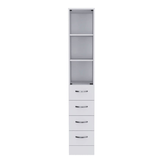 Linen Cabinet, 3 Shelves, 4 Drawers And Metal Handles - White