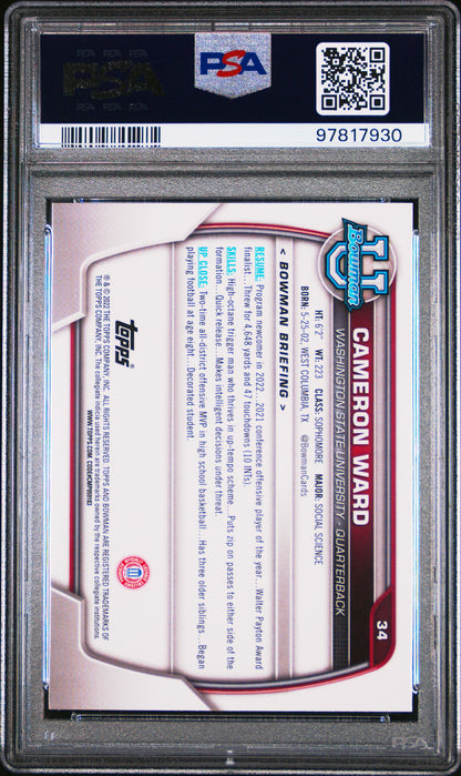 Graded 2022 Topps Bowman University Cam Ward #34 Chrome Prospects Purple Shimmer Refractor Rookie RC Football Card PSA 10 Gem Mint
