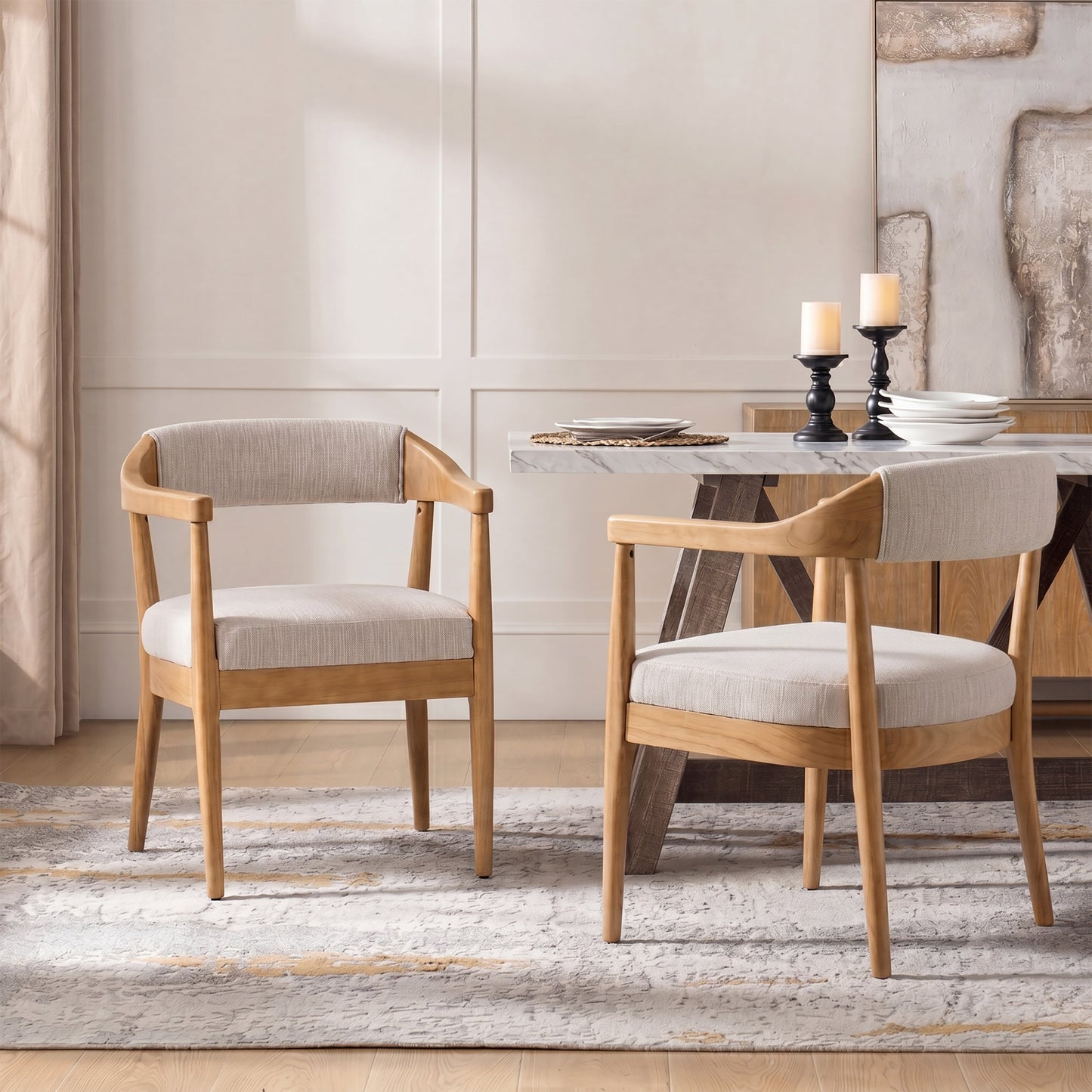 Wood Frame Upholstered Dining Chairs with Armrests (Set of 2) - Beige + Natural