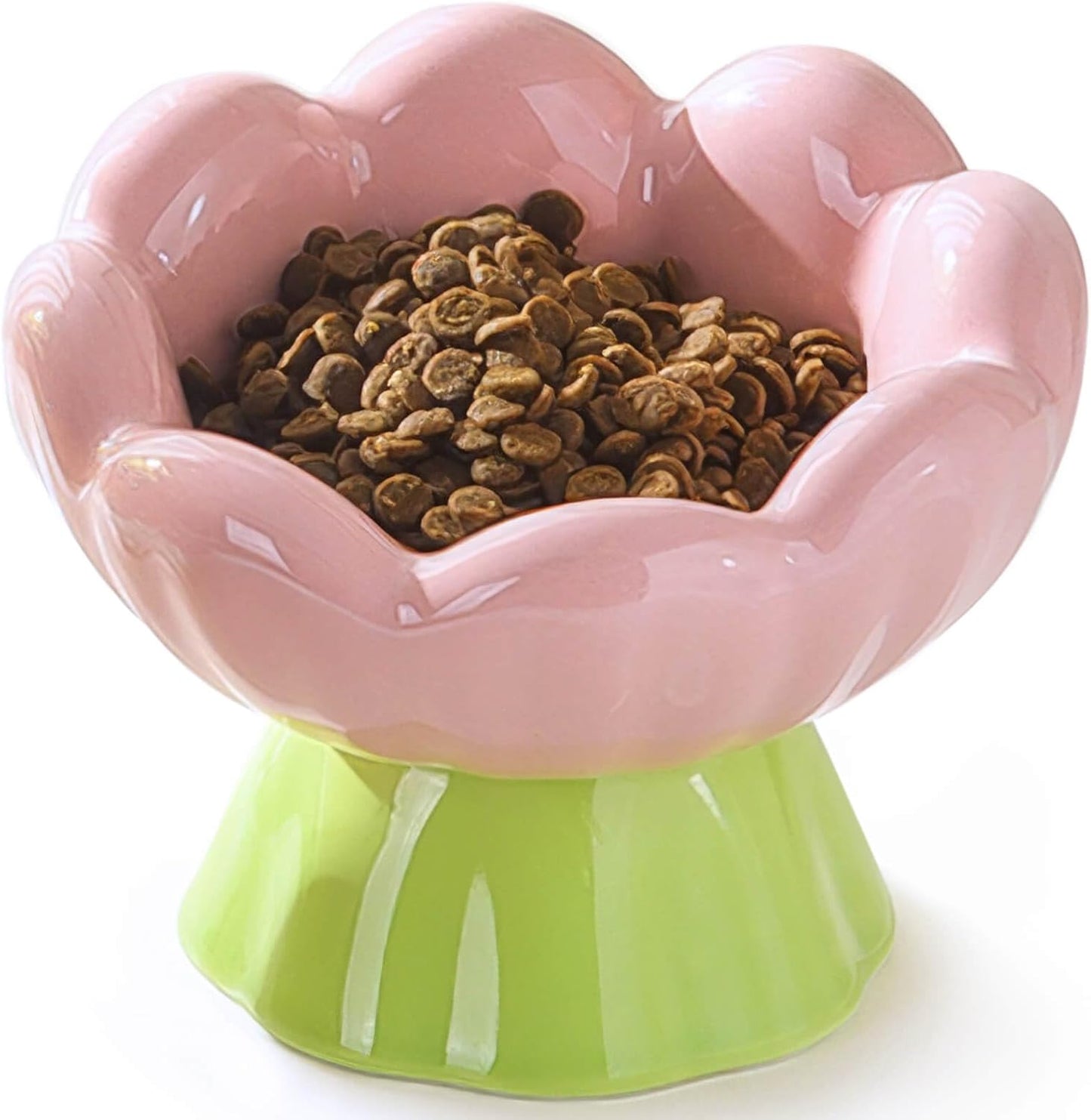 Ceramic Raised Cat Bowl Shallow Wide, Anti-Vomiting And Whisker Fatigue, Non-Slip, Tilted Cute Flower Cat Food And Water Bowls For Indoor Cats, Pink