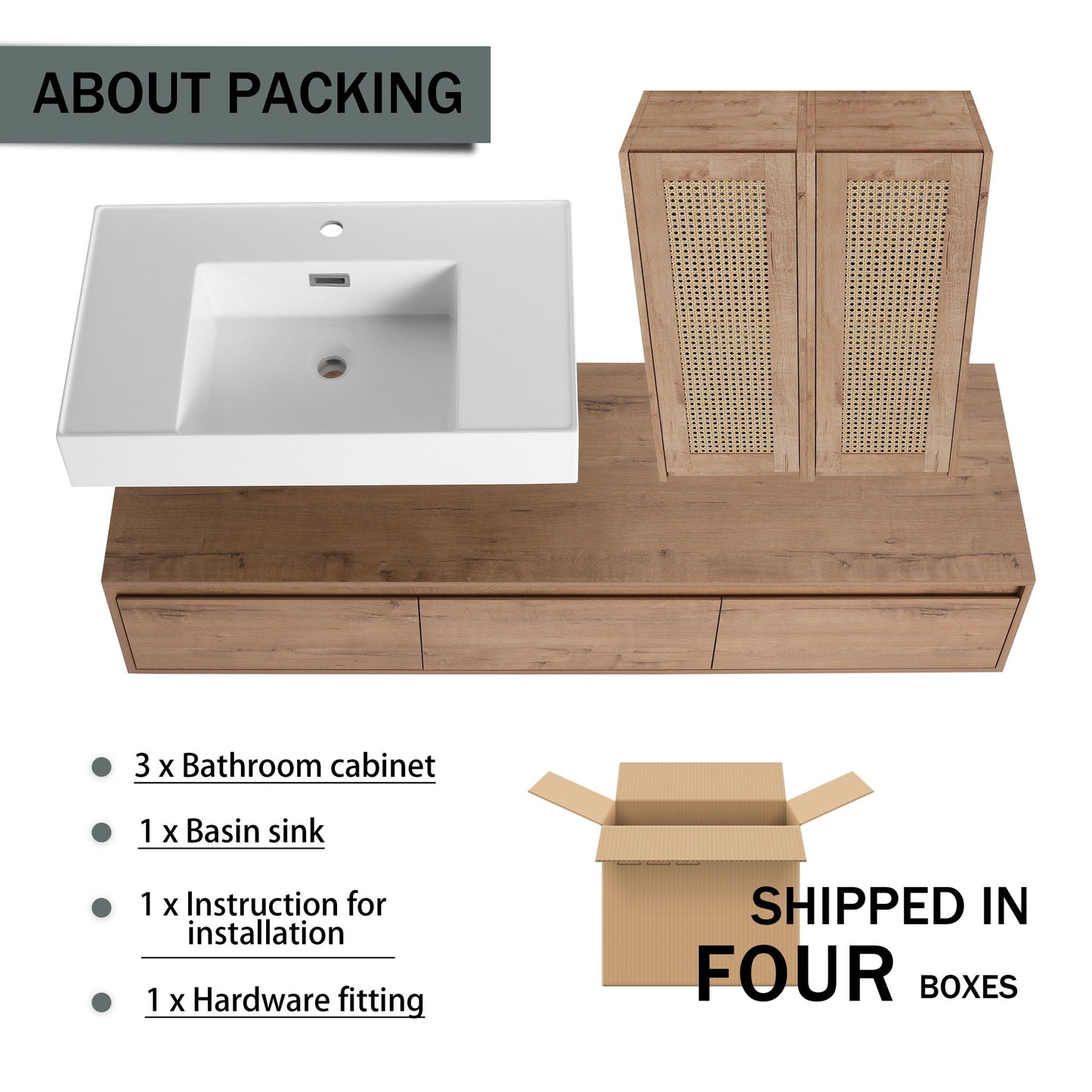 Modern Wall Mounted Bathroom Vanity With Resin Sink And 2 Side Cabinet, Construction - Imitative Oak