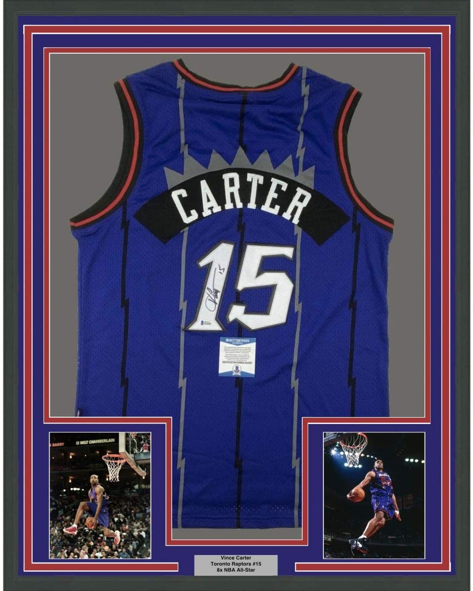 Framed Autographed/Signed Vince Carter 35x39 Toronto Raptors Purple Basketball Jersey Beckett BAS COA