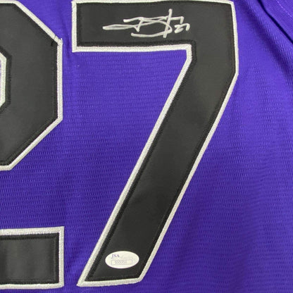 Framed Autographed/Signed Trevor Story 35x39 Colorado Purple Baseball Jersey JSA COA Holo Only