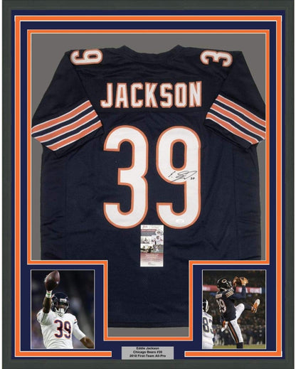 Framed Autographed/Signed Eddie Jackson 35x39 Chicago Blue Football Jersey JSA COA