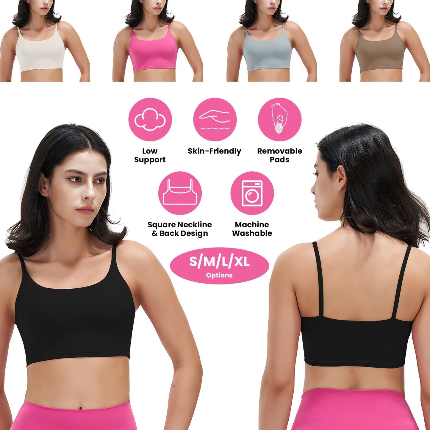 Women Strap Sport Bras Padded StrappyÊCrop Square Neck Low Impact Bras SexyÊFitnessÊTank Tops with Removable Pads Flat Straps for Gym Yoga Workout Run