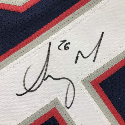 Framed Autographed/Signed Sony Michel 35x39 New England Blue Football Jersey JSA COA