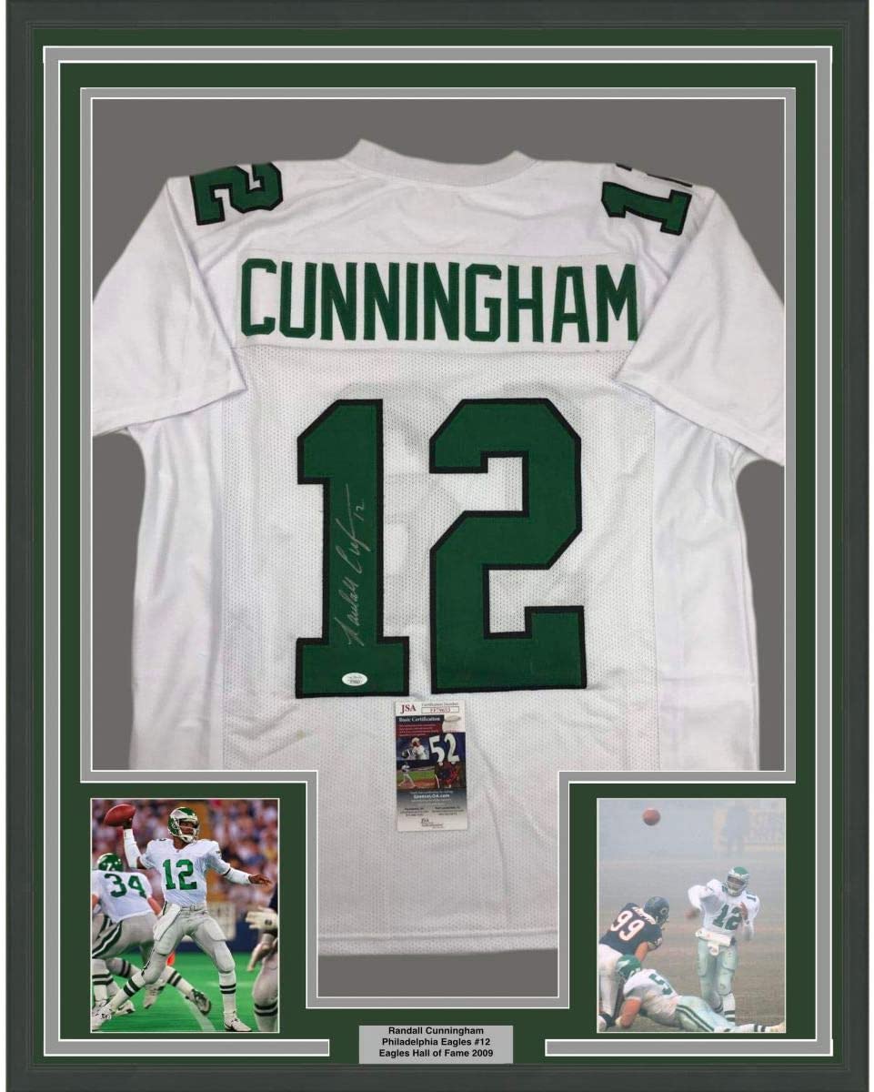 Framed Autographed/Signed Randall Cunningham 35x39 Philadelphia White Football Jersey JSA COA