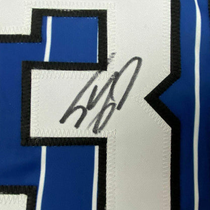 Framed Autographed/Signed Shaquille Shaq O'Neal 35x39 Orlando Blue Pinstripe Basketball Jersey JSA COA