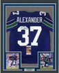 Framed Autographed/Signed Shaun Alexander 35x39 Seattle Blue Football Jersey JSA COA